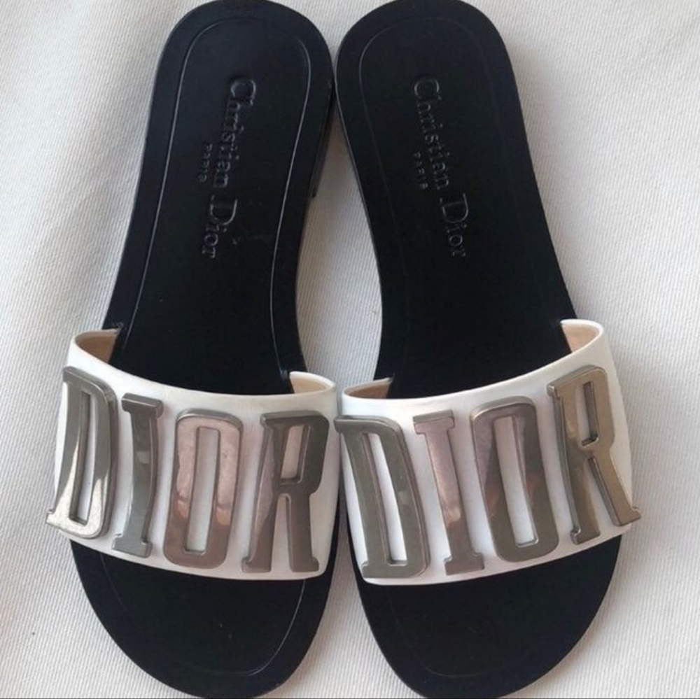 Christian Dior Diorevolution Slide Flat Sandal White Silver Metal Logo Size 8.5